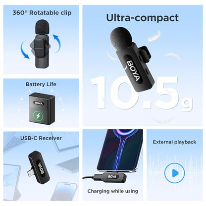 BOYA BY-V30 Wireless Lavalier Microphone,USB Type-C Mini Laple Mics for iPhone16,Android Smartphone,36H Battery,Noise Reduction,328FT Range Clip-on Condenser Mic for YouTube Interview TikTok - style: BY-V30(2TX+RXU+CC)