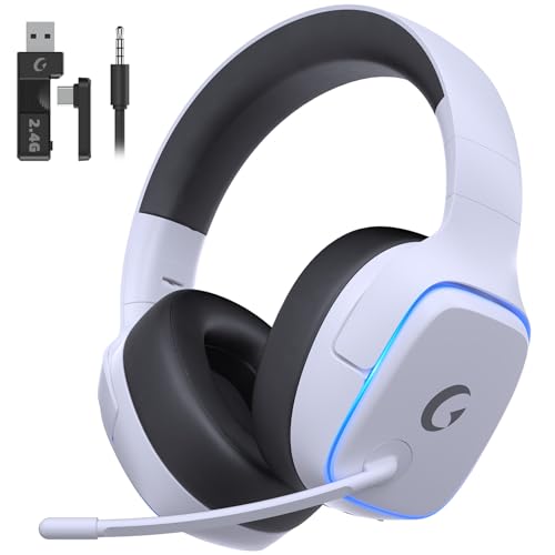 Gvyugke 2.4GHz Wireless Gaming Headsets for PS5, PS4, PC, Switch, White | Bluetooth 5.3 Gaming Headphones with Noise Canceling Mic, 7.1 Surround Sound, 70H Battery, Blue Lighting - color: White
