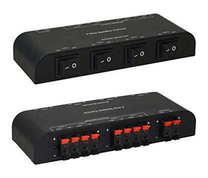 61050 2 to 4 Way Speaker Switch, 1 in 2 Out to 1 in 4 Out Way Pair Stereo Speaker Selector W/Terminal Clamps Metal Non-Slip Box - Black (1 x 4 Way) - color: Carbon Black