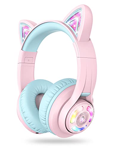Cat Ear Bluetooth Headphones by iClever | SafeSound Tech, 50H Playtime, USB C Charging, AUX Cable, Stereo Sound, Kids Headphones Wireless with Mic for Tablet, Pink - color: Pink