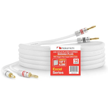 Nakamichi 24k Gold Plated Banana Plugs with 14 AWG Speaker Cable 99.9% OFC | Oxygen-Free Copper, Excel Series, Heavy Duty Braided for Amplifier Receiver Hi-Fi Stereo Audio Wire - White (15 feet / 4.5m) - color: White (14 AWG), size: 15-Feet (4.5m)