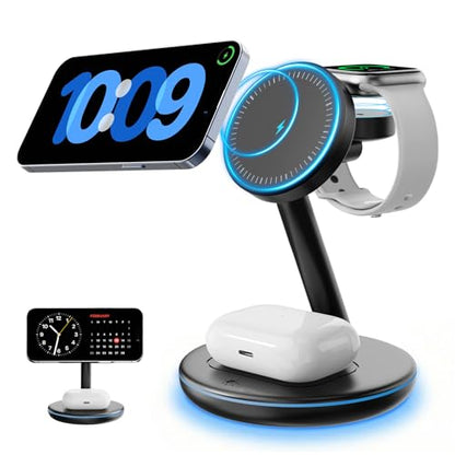 QWOSE 2026 Traveling 3 in 1 Charging Station for Apple iPhone AirPods Watch | with Mag-Safe Wireless Charger Stand for iPhone 17 16 15 14 13 12 Series AirPods iWatch Series - Gifts for Wife & Husband - color: Black