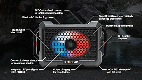ECOXGEAR Defender: Outdoor Portable Bluetooth Speaker, 121dB Massive Sound, Waterproof and Drop Proof, with LED Party Lights, Pair up to 100, 25+ Hours Playtime (Black Oak) - color: Black Oak