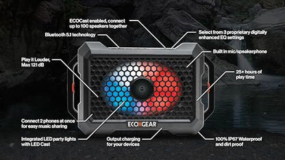 ECOXGEAR Defender: Outdoor Portable Bluetooth Speaker, 121dB Massive Sound, Waterproof and Drop Proof, with LED Party Lights, Pair up to 100, 25+ Hours Playtime (Black Oak) - color: Black Oak