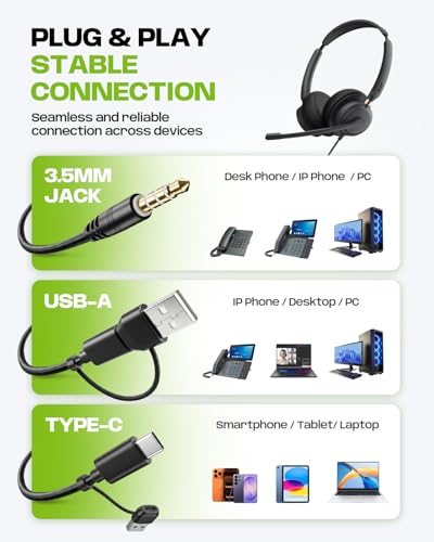 Acer USB Headset with Microphone for PC, Clear Sound Quality for Call ＆ Meetings, Wired Computer Headset for Work, Dual Ear Headset for Office, Laptop, Teams and Call Center Use - USB-A/C & 3.5mm | Wired Computer Headset for Work, Dual Ear Headset for Off
