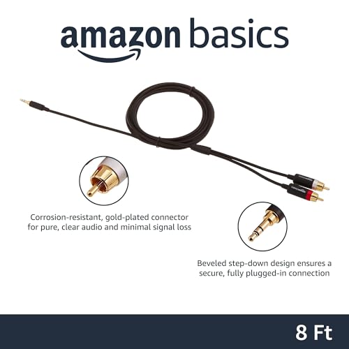 Amazon Basics 3.5mm Aux to 2 RCA Audio Cable Adapter for Amplifiers, Active Speakers, Gold-Plated Connectors, Clear Sound Quality, Shielded Construction, 8 Feet/2.4 m, Black - size: 8 Feet