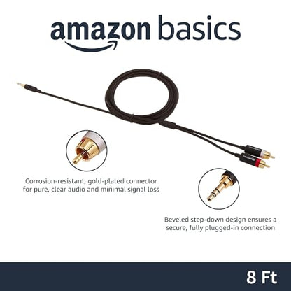 Amazon Basics 3.5mm Aux to 2 RCA Audio Cable Adapter for Amplifiers, Active Speakers, Gold-Plated Connectors, Clear Sound Quality, Shielded Construction, 8 Feet/2.4 m, Black - size: 8 Feet