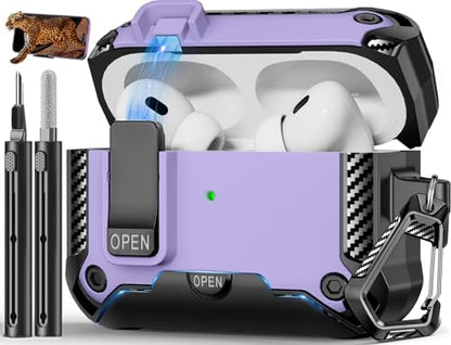 for AirPods Pro 1st/2nd Case with Lock & Phone Stand(Purple) | Automatic Snap Switch Lock,Carbon Fiber Texture Design Cover with Cleaner Kit - color: BB-Purple