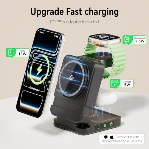 Wireless Charger 3 in 1, Foldable Charging Station for Apple Samsung Multi Devices Charging, Magnetic Charging Stand, Portable Travel Fast 15W Charger Station for iPhone, TWS, iWatch (Black) - color: Black