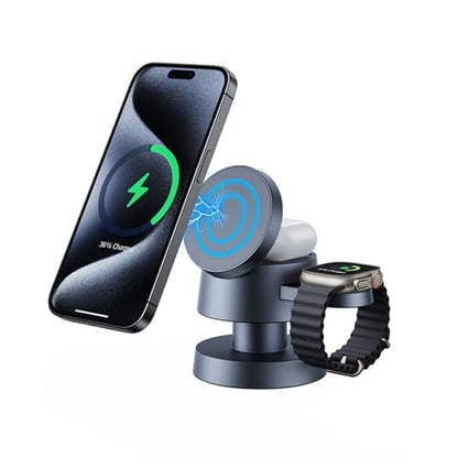 3 in 1 Wireless Charging Station for Apple, Magnetic Charger Stand 15W Fast Mag-Safe Charger Stand for iPhone 16 15 14 13 12 for Apple Watch Adjustable Angle with Night-Lamp