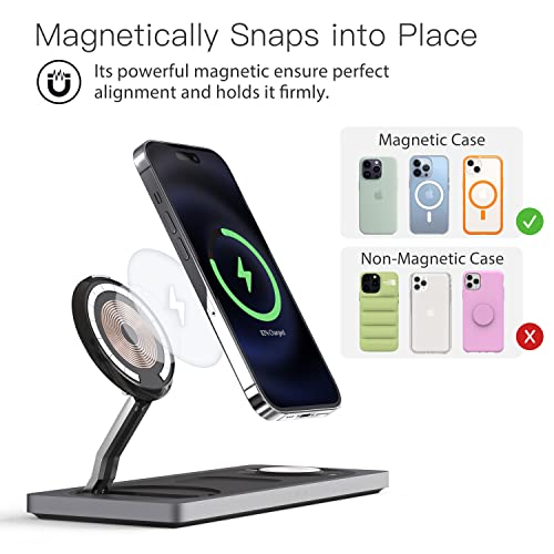 3 in 1 Wireless Charging Station for Apple Devices with MagSafe | For iPhone 17/Air/16/15/14/13/12, AirPods & Apple Watch, Foldable Portable Aluminum Charging Stand, Adapter Included - color: Black