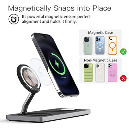 3 in 1 Wireless Charging Station for Apple Devices with MagSafe | For iPhone 17/Air/16/15/14/13/12, AirPods & Apple Watch, Foldable Portable Aluminum Charging Stand, Adapter Included - color: Black
