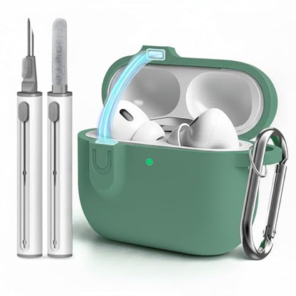 for AirPods 4 Case Cover with Cleaner Kit, Soft Silicone Cover for AirPods 4 Comes with Magnetic Lid Lock & Keychain-Solid for Women/Men,Pine Green - color: C1-Magnetic Pine Green