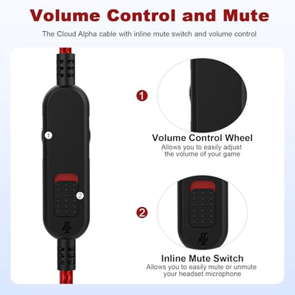 Cloud Alpha Cable Cord with Inline Mute and Volume Control Compatible with HyperX Cloud Alpha/Alpha S, Cloud Mix, Logitech G933, G633 Gaming Headsets (Red) - color: Red