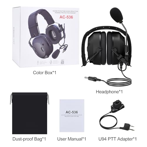 Real Noise Cancelling Reduction Earmuffs Headset, NRR 26dB,Boom Mic,U94 PTT,Two Way Radio ANR Earpiece Tactical Airsoft Headphone for Midland GXT,LXT,gmrs,x tra,G-series Walkie Talkie (Wired,Black)
