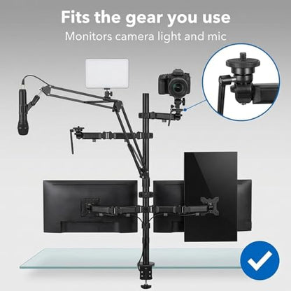 Mount-It! All in One Live Streaming Equipment - 5 Arm Desk Mount - Holds Dual Monitors, Cameras, Ring Light with Mic Desktop Stand Set, YouTube Setup for Podcasting, Gaming, Zoom, Clamp/Grommet Base - size: 5 arm