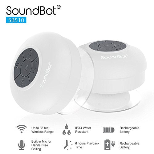 Soundbot SB510 Water-Resistant Bluetooth Shower Speaker, Suction Cup, White | Up to 6 hours of playtime, built-in microphone, 33-foot range, tactile controls, compact design, clear audio, USB charging - color: White, size: 4*3.38*3.38 in.