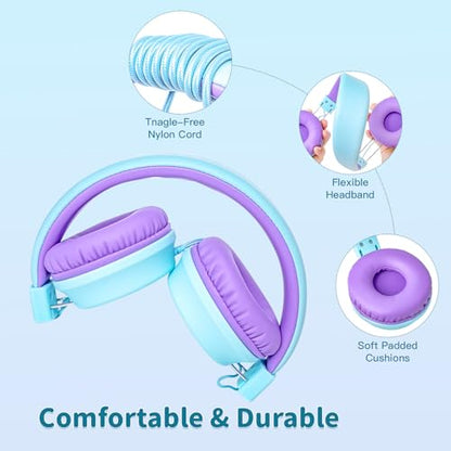 Olyre Kids Headphones, Toddler Headphones with Cord for School Plane Travel, Lightweight Stereo Wired Children Earphones with HD Microphone for Boys Girls for PC Cellphone Tablet(Icy Mint Blue/Purple) | Blue, purple; Over ear headphones with cord for scho