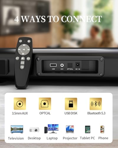 Sound Bar – 50W, Sound Bar for Smart TV, Sound Bar with Bluetooth 5.0, Optical/AUX Connectivity, Remote Control, Wall-Mountable Home Theater Audio, Compatible with TV, PC, and Phone - color: Gray