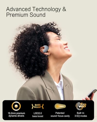 Open Ear Headphones, 50H Playtime & 3 EQ Modes for Workout, Black | Dynamic Bass Boost Bluetooth 5.4 Air Conduction Wireless Earbuds w/16.2mm Large Driver, 3 EQ Modes, ENC Mic, IPX5 - color: Beige