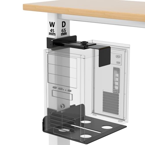 Under Desk PC Mount & CPU Holder, No-Drill Clamp-On Stand for Standing Desk (Fits 65x45mm Square Legs), Adjustable Steel Computer Tower Holder, Heavy-Duty 40lbs/18kg, Black - size: 65X45mm