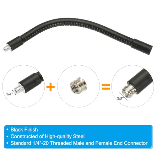 PATIKIL 8" Gooseneck, 1/4"-20 Female to Male Thread Metal Universal Hose Flexible Arm Gooseneck Tube Extension Holder with Reducing Screws for Action Camera, Phone, Microphone, Black - size: 20cm