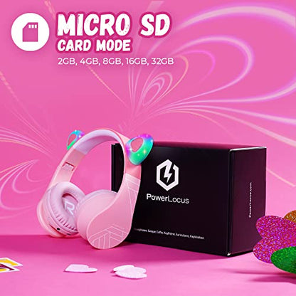 PowerLocus Bluetooth Headphones for Kids, Wireless Foldable Headphones Over Ear, Headphone with Microphone, 85DB Volume Limit, Wireless and Wired Headset with Micro SD, FM for Cellphones, Tablets, PC - color: Pink Cat Ears