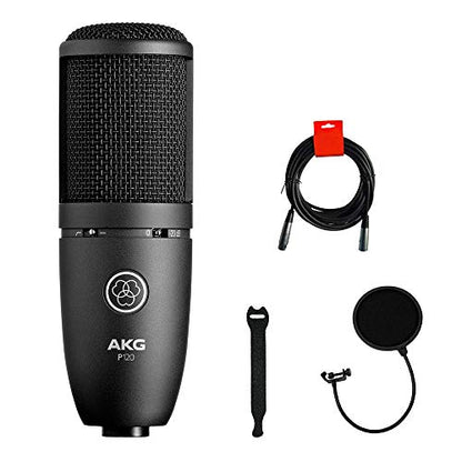 AKG P120 카디오이드 콘덴서 마이크 (블랙) XLR-XLR 케이블, 팝 필터 및 10팩 스트랩 번들 포함