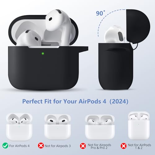 for Airpods 4th Generation Case Cover(2024),Soft Silicone Full Protective Case for AirPods 4 Case with Keychain & Cleaner Kit,Compatible with Apple Airpods 4 for Women,Men - color: A-Black