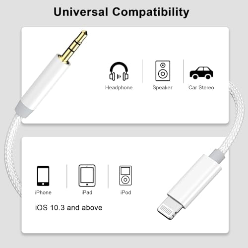 [Apple MFi Certified] iPhone Aux Cord for Car 2 Pack 3.3ft White | Lightning to 3.5 mm AUX Audio Nylon Braided Cable Cord to Car Home Stereo/Speaker/Headphone for iPhone 14 13 12 11 Pro Max - size: Lightning/Woven