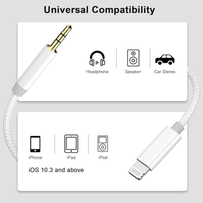 [Apple MFi Certified] iPhone Aux Cord for Car 2 Pack 3.3ft White | Lightning to 3.5 mm AUX Audio Nylon Braided Cable Cord to Car Home Stereo/Speaker/Headphone for iPhone 14 13 12 11 Pro Max - size: Lightning/Woven
