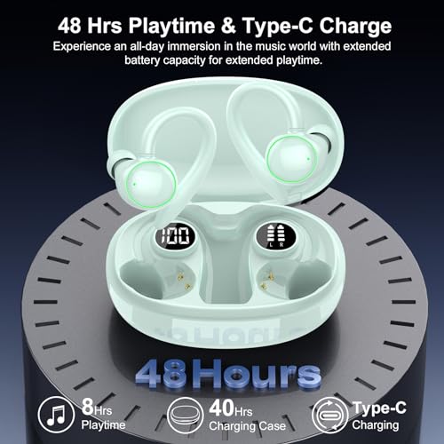 Wireless Earbuds, Bluetooth 5.4 Headphones Sport Over Ear Buds With ENC Mic | ENC Noise Cancelling Mic,48H, Wireless Earphone With Earhooks, Stereo Deep Bass,IP7 Waterproof for Workout Running,Light Blue - color: J-Light Blue