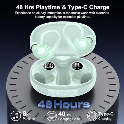 Wireless Earbuds, Bluetooth 5.4 Headphones Sport Over Ear Buds With ENC Mic | ENC Noise Cancelling Mic,48H, Wireless Earphone With Earhooks, Stereo Deep Bass,IP7 Waterproof for Workout Running,Light Blue - color: J-Light Blue
