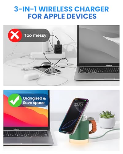 Wireless Charging Station for Apple Mag-Safe: JoyGeek 3 in 1 Magnetic Foldable Charger Stand for iPhone 16 15 14 13 12 Pro Max Plus - Apple Watch 10 9 8 7 6 5 4 SE - AirPods Pro 2/3/4 - color: Dark Green