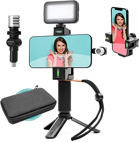 Movo uVlogSK Starter Kit for Content Creators - Smartphone Video Vlogging Kit for Android and USB-C Devices - Includes USB-C Microphone, LED Video Light, Phone Holder, Grip, and Mini Tripod
