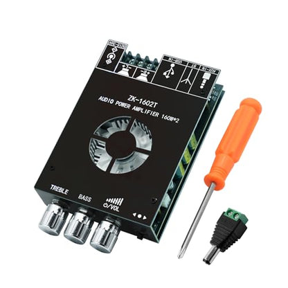 ZK-1602T 160W+160W Bluetooth Amplifier Board with Treble and Bass Control, 2.0 Channel Stereo Audio Mini Power Amplifier Board, TDA7498E Chip DC 15-36V, BT and AUX Inputs for DIY Wireless Speakers - size: Medium