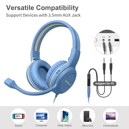SIMOLIO Wired Headphones for School with Microphone, Stereo Kids Headphone with Flexible Swivel Boom Mic for Student K12 & Teacher & E-Learning, 3 Levels Volume Limiter Gaming Headsets for Boys, Girls - color: Light Blue