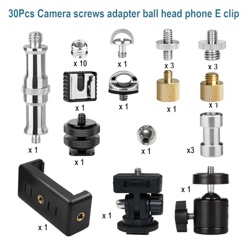 30Pack Camera Tripod Screw Mount Kit 1/4 to 3/8 Inch Adapter Threaded Converter 1/4" Swivel Ball Head and Hot Shoe E Clip for DSLR/Monopod/Flash Light/Quick Release Plate