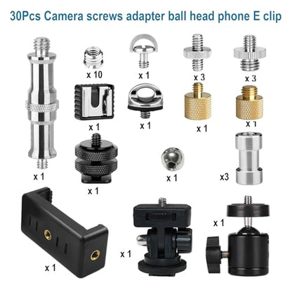 30Pack Camera Tripod Screw Mount Kit 1/4 to 3/8 Inch Adapter Threaded Converter 1/4" Swivel Ball Head and Hot Shoe E Clip for DSLR/Monopod/Flash Light/Quick Release Plate