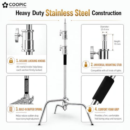 Heavy Duty C Stand with Boom Arm - 9.18ft/280cm Stainless Steel Photography Light Stand | 103cm Holding Arm, 2 Grip Heads, Turtle Base For Studio Photography & Video Lighting - size: M280 1 Pack