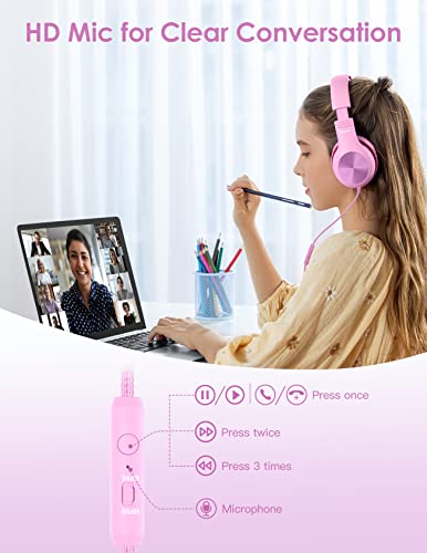 Nabevi Kids Headphones with Microphone, Over-Ear Headphones for Kids with Sharing Function, 85dB/94dB Safe Volume Limit, Wired Headphone for Children, Kid Headset for School, Study, Travel, Pink - color: Pink