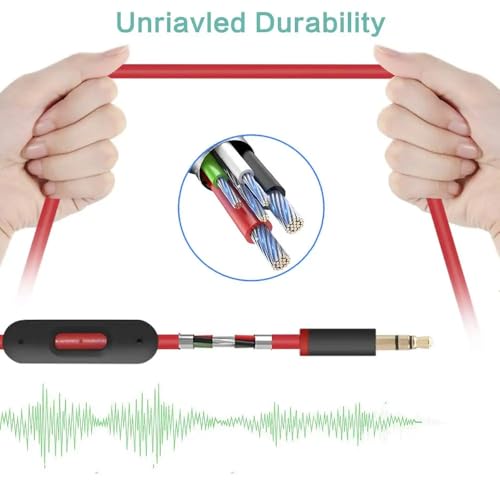 3.5mm Replacement Audio Cable for Beats Headphones - Compatible with Solo Pro/Studio/Executive/Mixr, Detox & Pill - in-Line Mic & Volume Control (Black/Red)