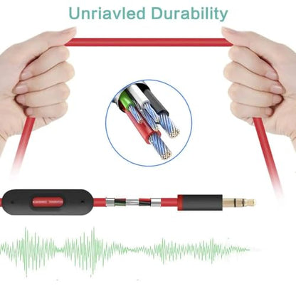 3.5mm Replacement Audio Cable for Beats Headphones - Compatible with Solo Pro/Studio/Executive/Mixr, Detox & Pill - in-Line Mic & Volume Control (Black/Red)