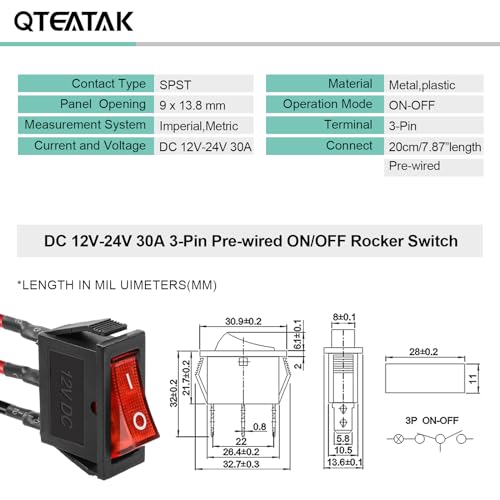 5 Pack Pre-Wired DC 12V-24V 30A Red LED Boat Rocker Toggle Switch - color: Red, size: DC 12V-24V 30A - Pre-Wired