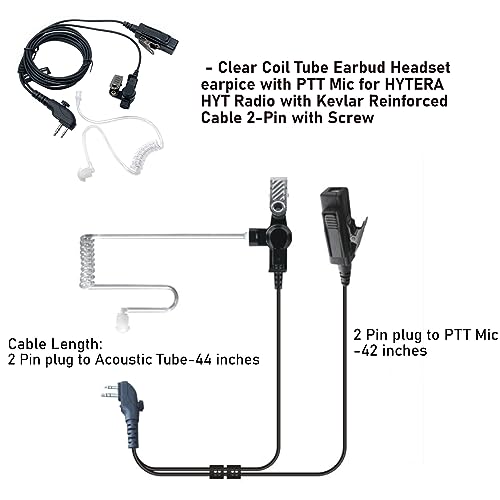 MaximalPower Clear Coil Tube Earbud Headset earpice with PTT Mic for HYTERA HYT Radio with Kevlar Reinforced Cable 2-Pin with Screw