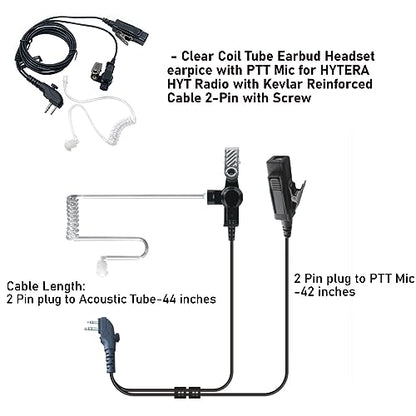 MaximalPower Clear Coil Tube Earbud Headset earpice with PTT Mic for HYTERA HYT Radio with Kevlar Reinforced Cable 2-Pin with Screw