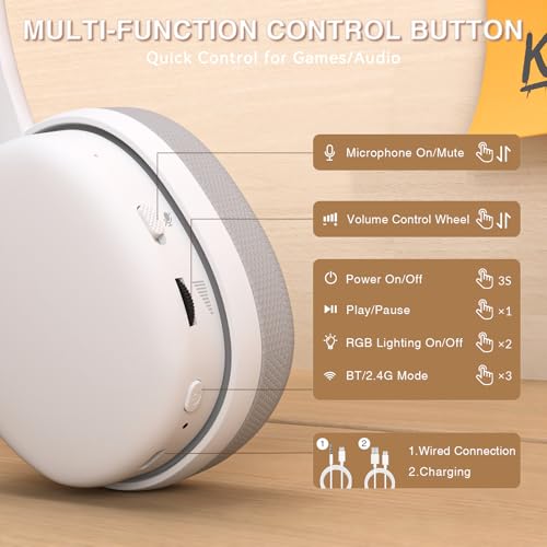 AULA G7 Pro Wireless Gaming Headset with 7.1 Surround Sound, 40mm Driver, BT5.3 Gaming Headphones with Mic, RGB, 10ms Latency, 65H Battery, PC Gaming Headset for PS5,PS4, Switch,PC,Wired Mode for Xbox - color: White