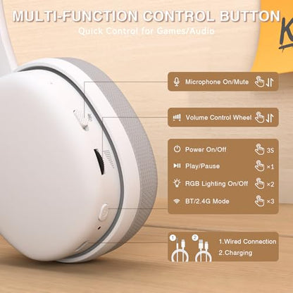 AULA G7 Pro Wireless Gaming Headset with 7.1 Surround Sound, 40mm Driver, BT5.3 Gaming Headphones with Mic, RGB, 10ms Latency, 65H Battery, PC Gaming Headset for PS5,PS4, Switch,PC,Wired Mode for Xbox - color: White