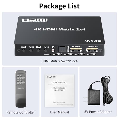 4K 2x4 HDMI Matrix Switch, 2 in 4 Out Matrix HDMI 2.0 Video Switcher Splitter, Optical & 3.5mm Audio Output, Support 4K 60Hz HDR HDCP2.2, 18Gbps, with IR Remote Control for NS PS5 Fire Stick etc - size: 4K 2X4 Matrix with EDID