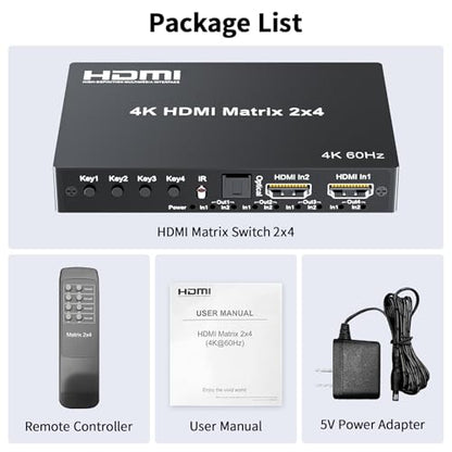 4K 2x4 HDMI Matrix Switch, 2 in 4 Out Matrix HDMI 2.0 Video Switcher Splitter, Optical & 3.5mm Audio Output, Support 4K 60Hz HDR HDCP2.2, 18Gbps, with IR Remote Control for NS PS5 Fire Stick etc - size: 4K 2X4 Matrix with EDID